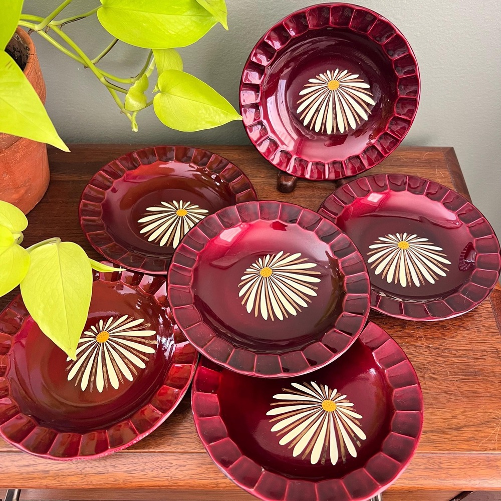Vintage Japanese Plastic Daisy Plates Set of 6 Ruby Red Floral Mid Century